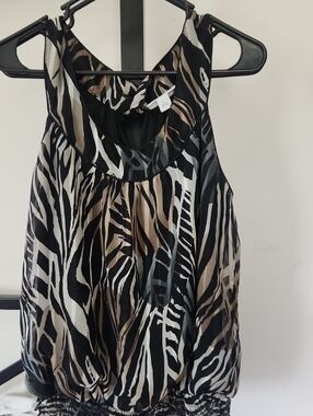 Sleeveless Zebra Print Blouse in Black, White & Taupe